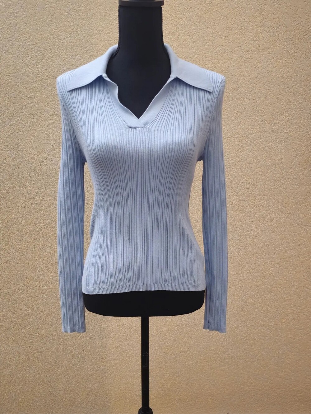 Bailey 44 Light Blue Ribbed Collared V-Neck Sweater